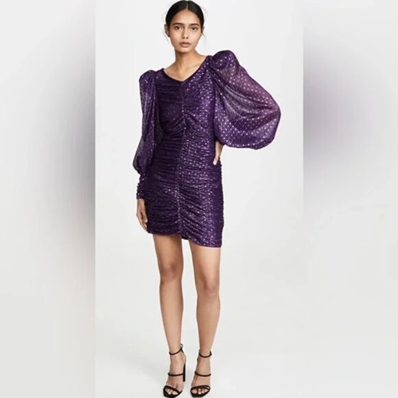 For Love & Lemons La Villette Mini Dress Purple sequins Balloon Sleeves 80s!  M - Picture 3 of 15